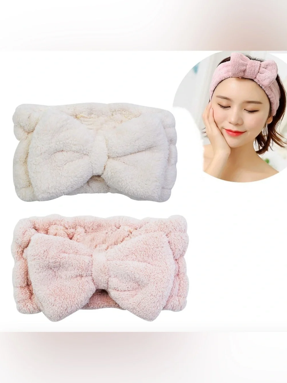 Plush Bow Spa Headband in Pink and Cream (Set of 2)
